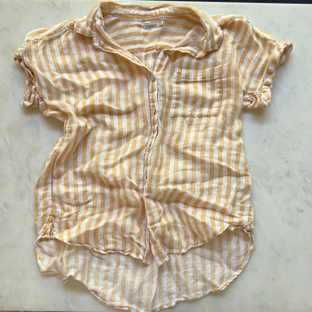 White and yellow stripped linen button up~ Faherty
